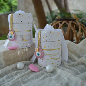 Mπομπονιέρα βάπτισης Αρωματικό κερί σε πολυτελή συσκευασία με πήλινο μάτι σε λευκό