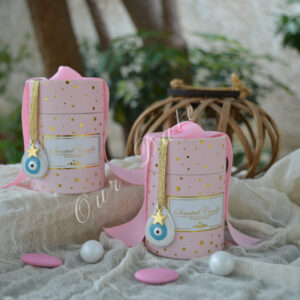 Mπομπονιέρα βάπτισης Αρωματικό κερί σε πολυτελή συσκευασία με πήλινο μάτι σε ροζ