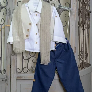 Βαπτιστικό Κουστούμι Μπλε με Μπεζ Γιλέκο Bebe en Rose