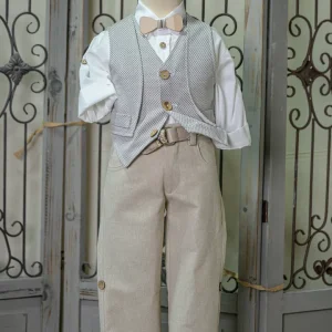 Βαπτιστικό Κουστούμι Μπεζ με Γκρι Γιλέκο Bebe en Rose