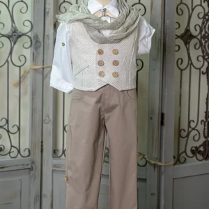 Βαπτιστικό Κουστούμι Καφέ με Μπεζ Γιλέκο Bebe en Rose