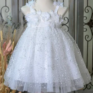 Βαπτιστικό Φόρεμα σε Λευκό με Λουλούδια 3D Bebe en Rose