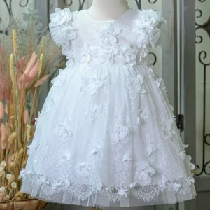 Βαπτιστικό Φόρεμα Λευκό με Ανάγλυφα Ανθάκια Bebe en Rose