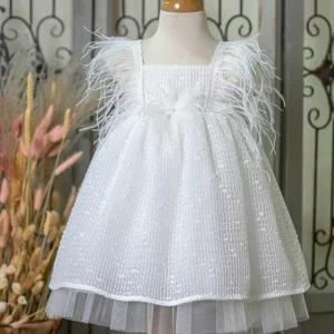 Βαπτιστικό Φόρεμα Λευκό με Πούπουλα Bebe en Rose
