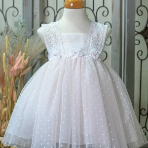 Βαπτιστικό Φόρεμα Ιβουάρ Πουά με Δαντέλα Bebe en Rose