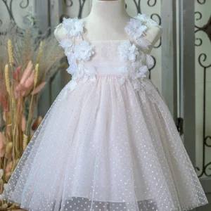 Βαπτιστικό Φόρεμα Πουά Γκλιτερ Ιβουάρ με Λουλούδια Bebe en Rose