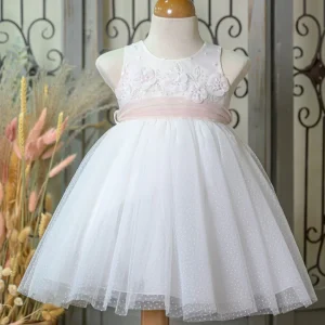 Βαπτιστικό Φόρεμα Λευκό Πουά με Λουλούδια Bebe en Rose
