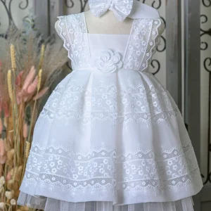 Βαπτιστικό Φόρεμα Λευκό Κιπούρ με Δαντέλα Bebe en Rose
